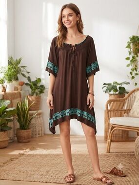 Brown Boho Tunic Dress with Teal Embroidery